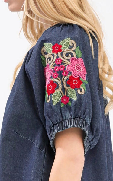 Denim Darling Embroidery Sleeve Top