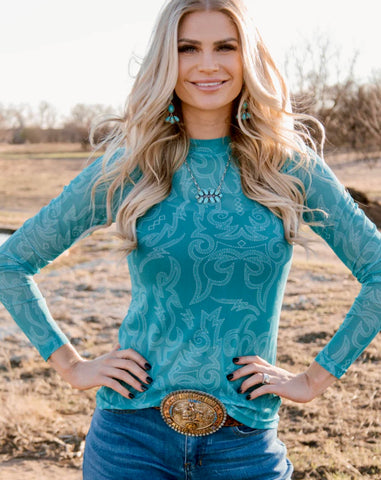 Turquoise Boot Stitch Mesh Top