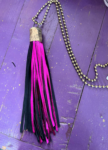 Hot Pink Leather Tassel Necklace