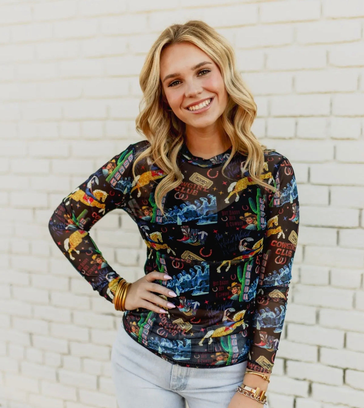 Cowgirl Collage Mesh Top
