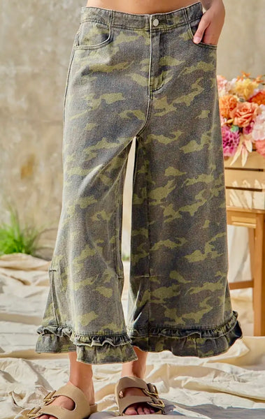 Camo Denim Ruffle Hem Pants