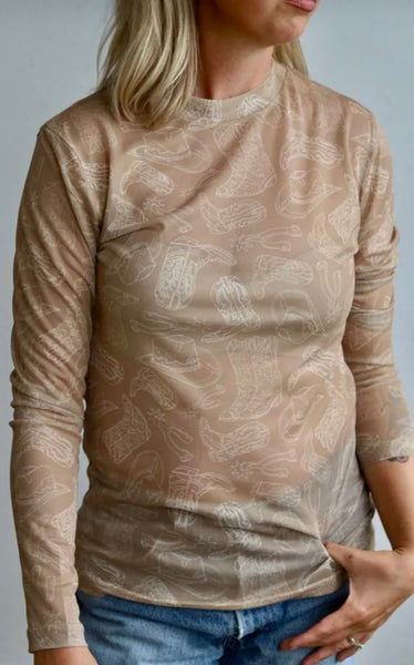 Taupe Western Things Mesh Top