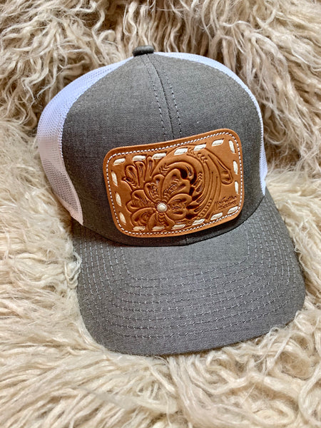 Grey Leather Tooled Patch Cap