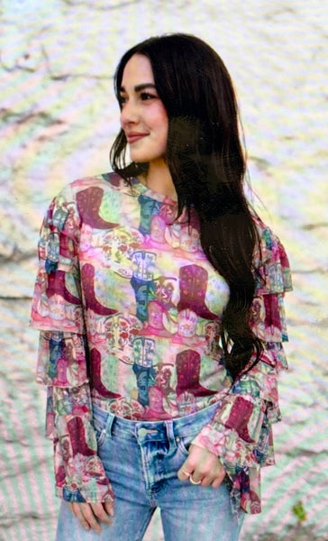 Boot Ruffle Sleeve Mesh Top