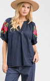 Denim Darling Embroidery Sleeve Top