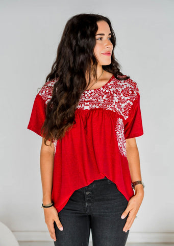 Red Shimmer Embroidery Top