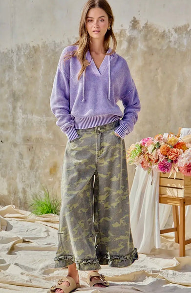 Camo Denim Ruffle Hem Pants