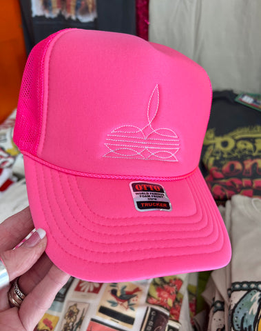 Neon Pink & White Boot Stitch Cap