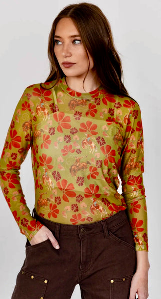 Olive Cowboy Mesh Top
