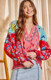 Coral Color Block Embroidery Top