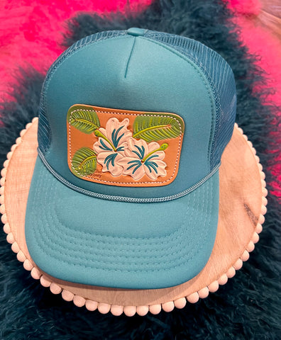 Turquoise Leather Patch Cap