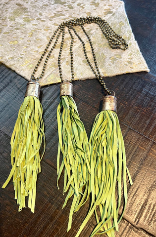 Lime Green Leather Tassel Necklace