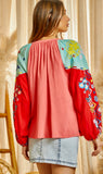 Coral Color Block Embroidery Top