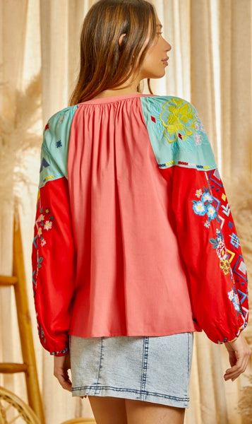 Coral Color Block Embroidery Top