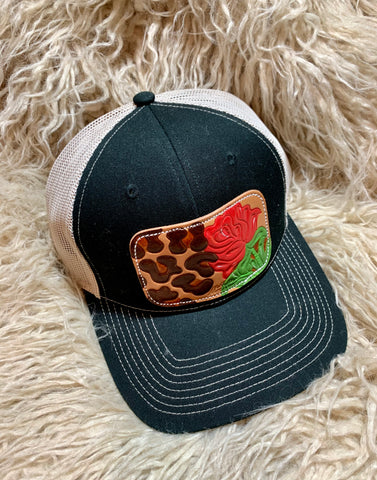 Leopard Rose Leather Patch Cap